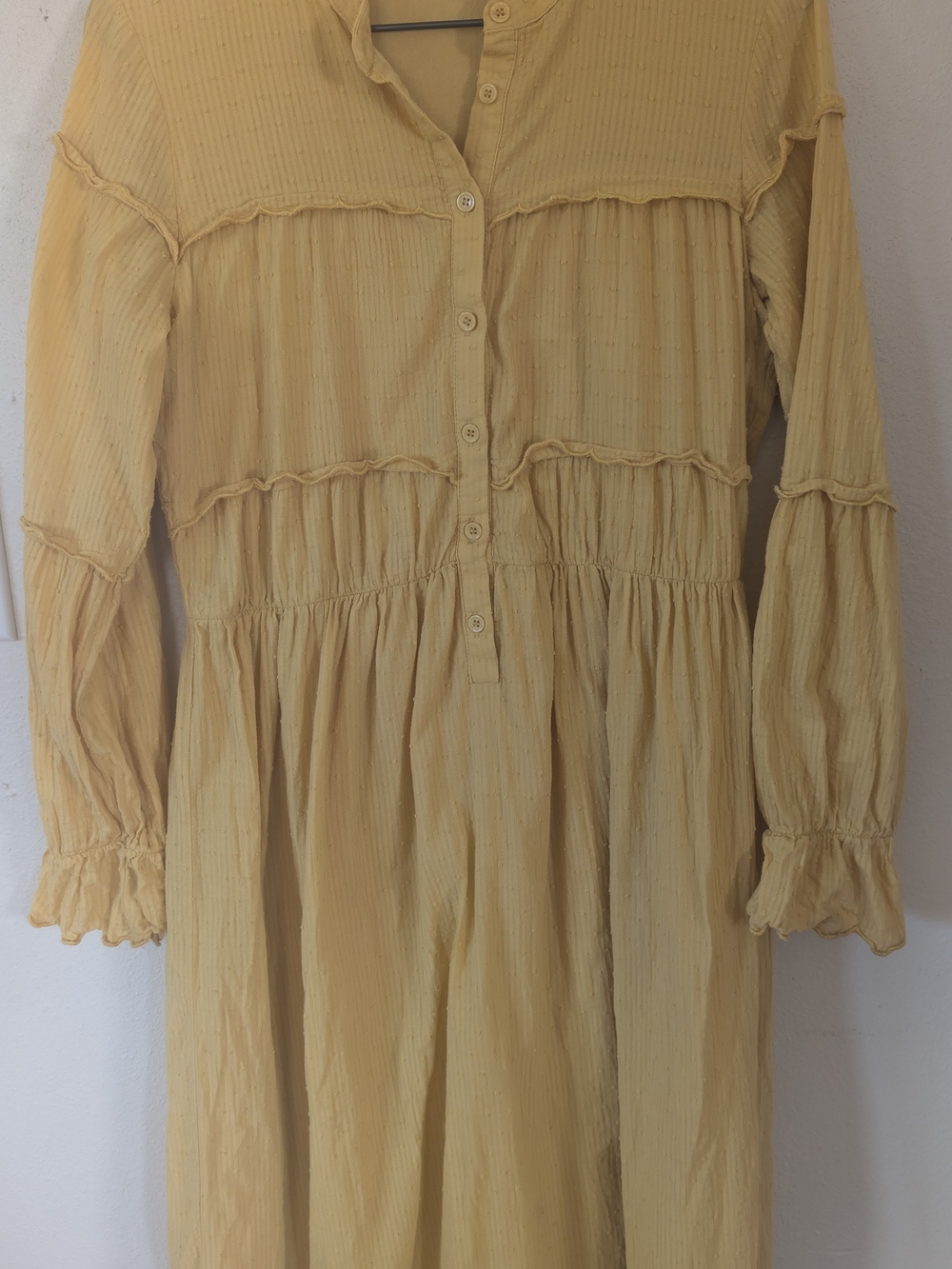 orange creek Soft Mustard Tiered Button-Front Long-Sleeve Dress M